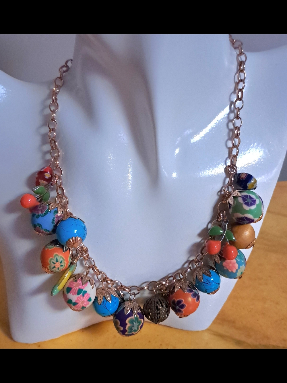 Vintage 1990's Pier One Multicolor Floral Bead & Fruit Charm Necklace Gold Chain